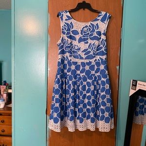 White and blue A-line dress with floral print
